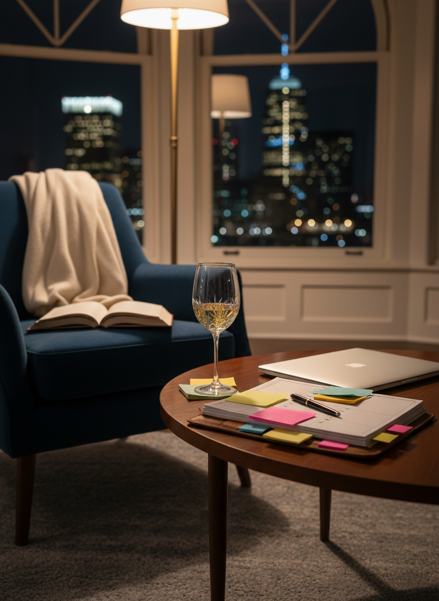 A perfectly arranged living room corner at night, focused on a half-full crystal wine glass resting on a sleek dark-wood coffee table beside a closed silver laptop and a leather-bound planner with color-coded sticky notes. In the background, a plush velvet armchair holds a neatly folded cashmere throw and an open hardcover book. Warm lamplight with a golden hue spills from an off-frame floor lamp, creating gentle reflections on the glass and soft shadows on the rug. Photographic realism, eye-level composition, shallow depth of field that blurs a city skyline through tall windows, evoking a sophisticated, reflective atmosphere of post-work me-time for a busy single mother over 45.