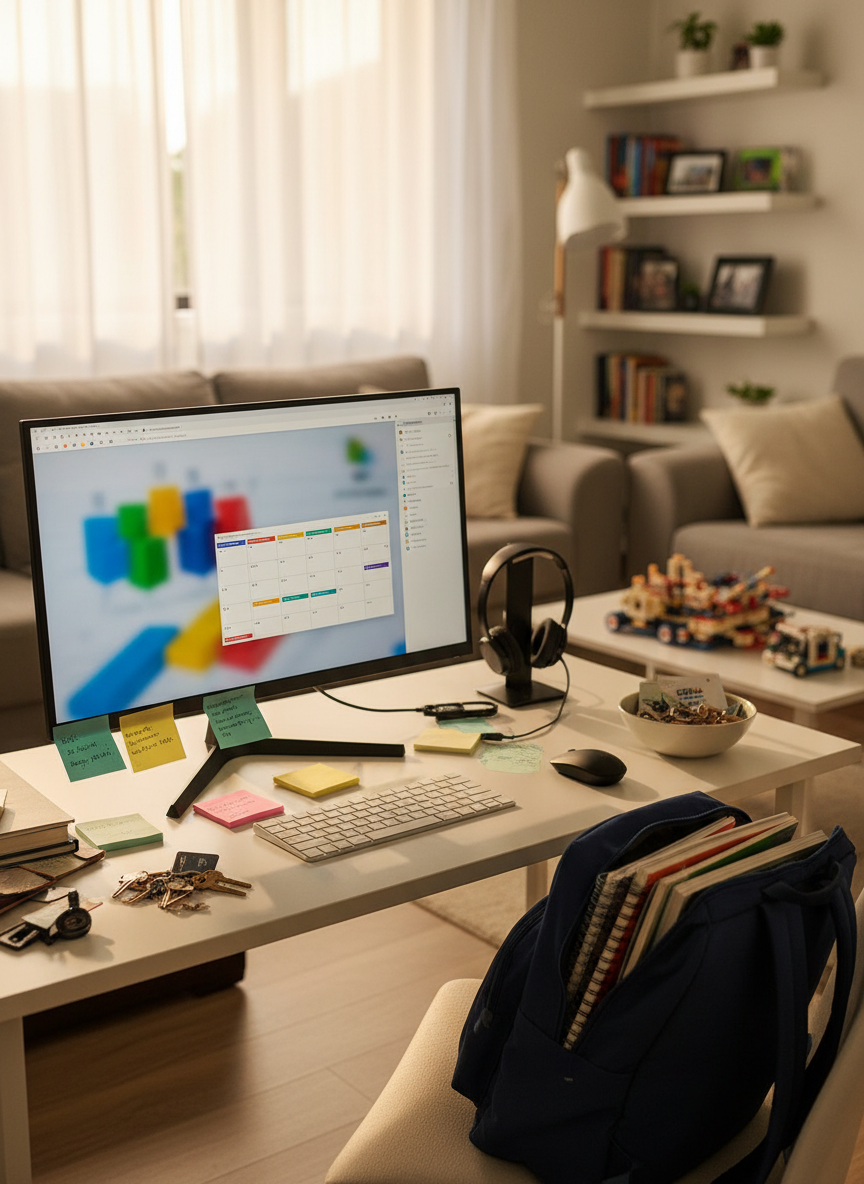 A work-from-home desk setup in a sunlit apartment, dominated by a slim, high-end monitor filled with colorful, blurred business charts and calendar blocks, surrounded by scattered sticky notes and a sleek wireless headset. To one side, a school-style backpack leans against the desk, partially unzipped with notebooks peeking out, and a bowl overflowing with mismatched keys and transit cards sits nearby. Soft afternoon sunlight pours through sheer curtains, creating a warm, diffused glow and gentle shadows. Photographic realism, captured from a three-quarter angle with moderate depth of field, background fading into a cozy but slightly cluttered living space. The mood is dynamic yet controlled, illustrating the constant negotiation between career demands and parenting teens.