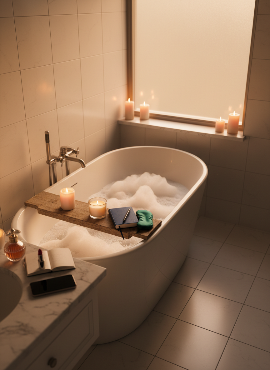 A stylish bathroom vanity transformed into a self-care sanctuary, centered on a deep, freestanding white bathtub filled with frothy bubbles and a wooden caddy holding a lit scented candle, a closed hardcover journal with a fountain pen, and a neatly folded silk eye mask. On the marble countertop nearby, an open lipstick and perfume bottle rest beside a phone face down, signaling intentional disconnection. The scene is illuminated by soft golden hour light filtering through frosted glass and several warm candles, creating shimmering reflections on the tiles. Photographic realism, shot from a slightly elevated corner angle with shallow depth of field, evoking a serene, indulgent mood that celebrates hard-won me-time for a sophisticated single mother.