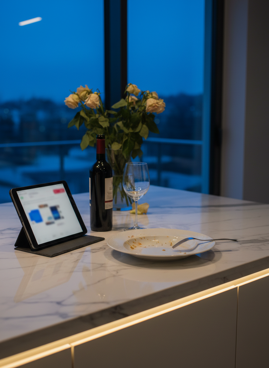 A modern kitchen island at dusk, centered on a single elegant dinner plate with traces of a finished meal, a polished fork laid casually aside, and an open tablet propped up showing a blurred dating app interface without readable text. Nearby, a bottle of red wine and one stemmed glass sit on a slate coaster, with a vase of slightly wilted roses hinting at a long day. Cool blue evening light seeps through the window while under-cabinet spotlights cast warm pools of light across the marble countertop. Photographic realism, slightly elevated angle, clean composition with subtle reflections, conveying the stylish chaos of dating after 40 while juggling family and career.